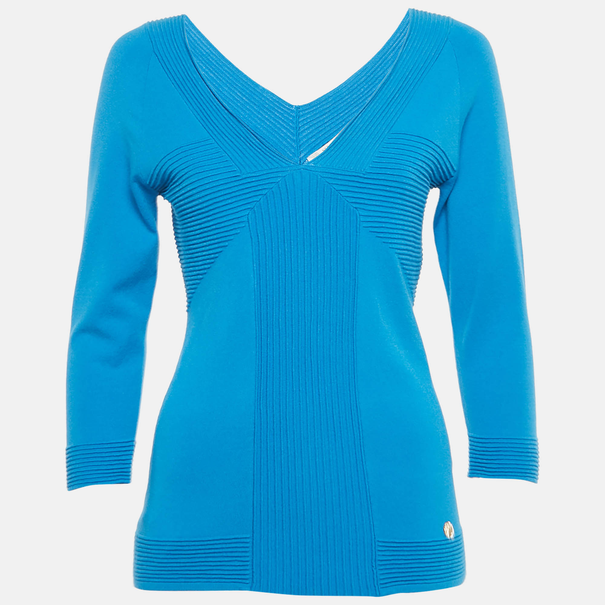 

Versace Collection Blue Textured Stretch Knit V-Neck Pullover L