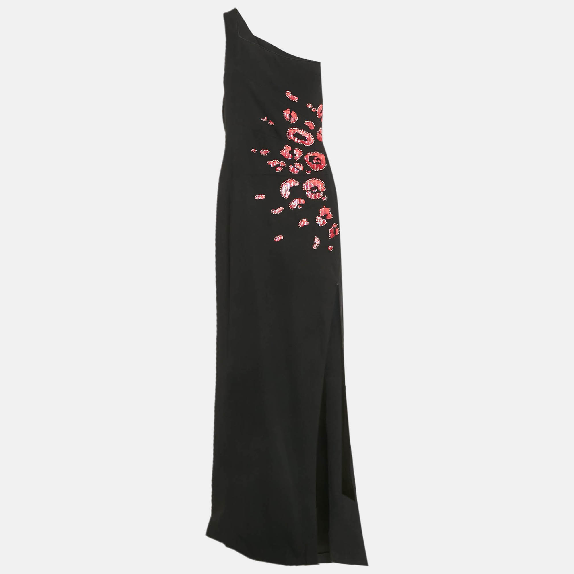 Pre-owned Versace Black Embellished Crepe One-shoulder Maxi Dress L