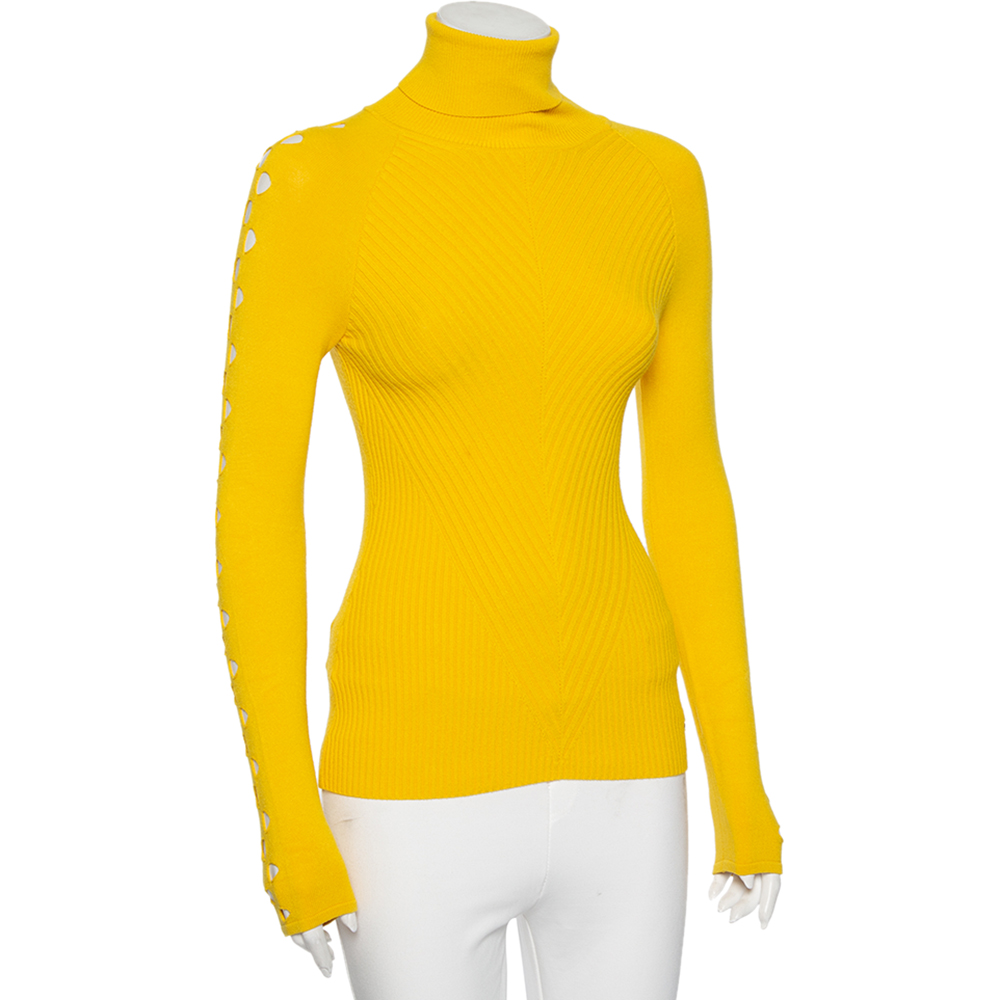 

Versace Collection Yellow Knit Cut Out Detailed Turtle Neck Sweater
