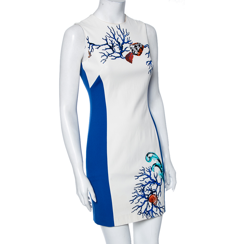 

Versace Collection White & Blue Paneled Printed Crepe Sleeveless Short Dress