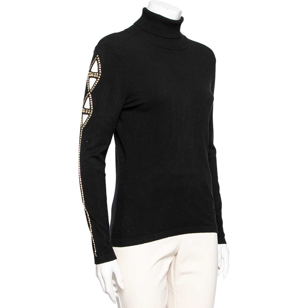 

Versace Collection Black Knit Cut Out Detail Stud Embellished Turtle Neck Sweater
