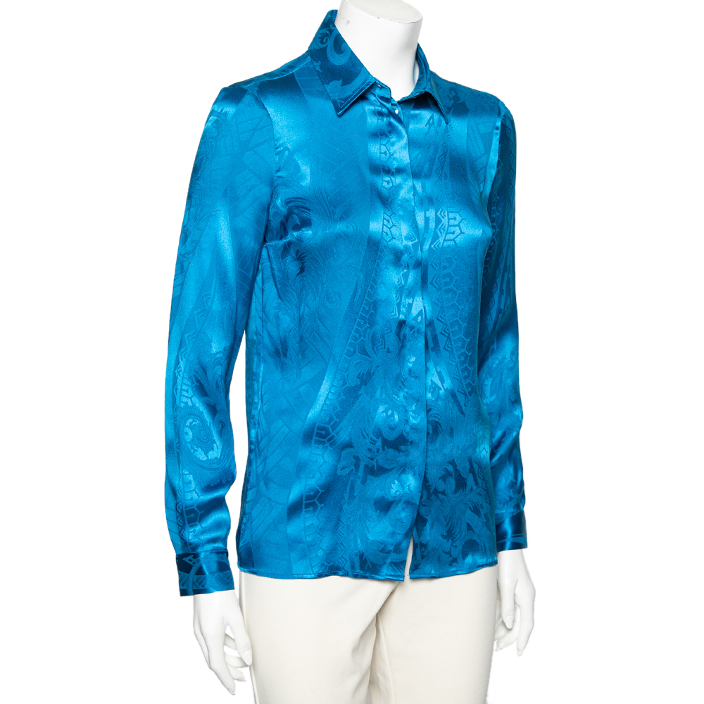 

Versace Collection Blue Patterned Silk Button Front Shirt