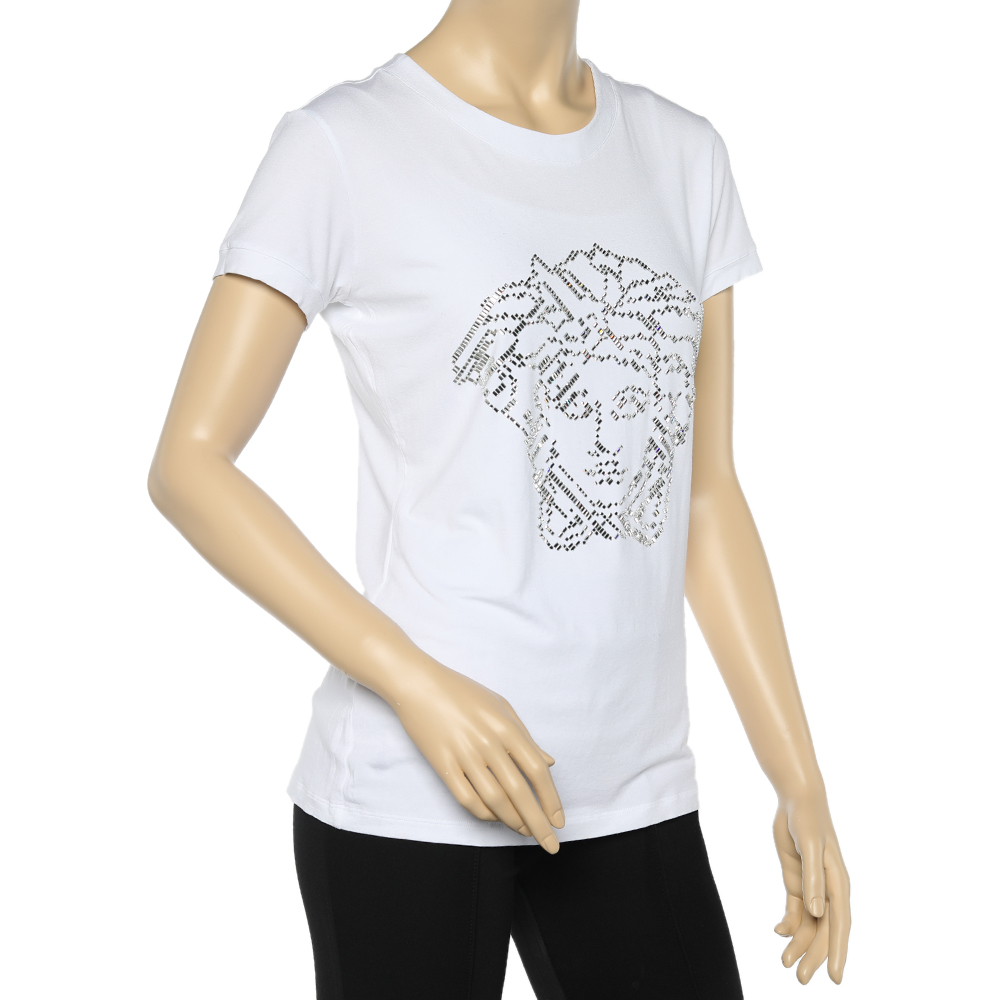 

Versace White Crystal Medussa Head Embellished knit T-Shirt
