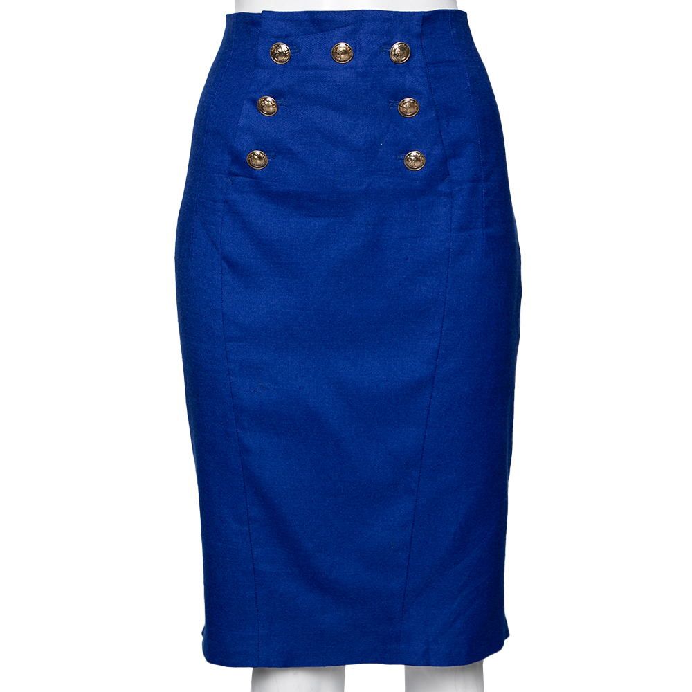 Versace Collection Blue Button Detail Knee Length Skirt L