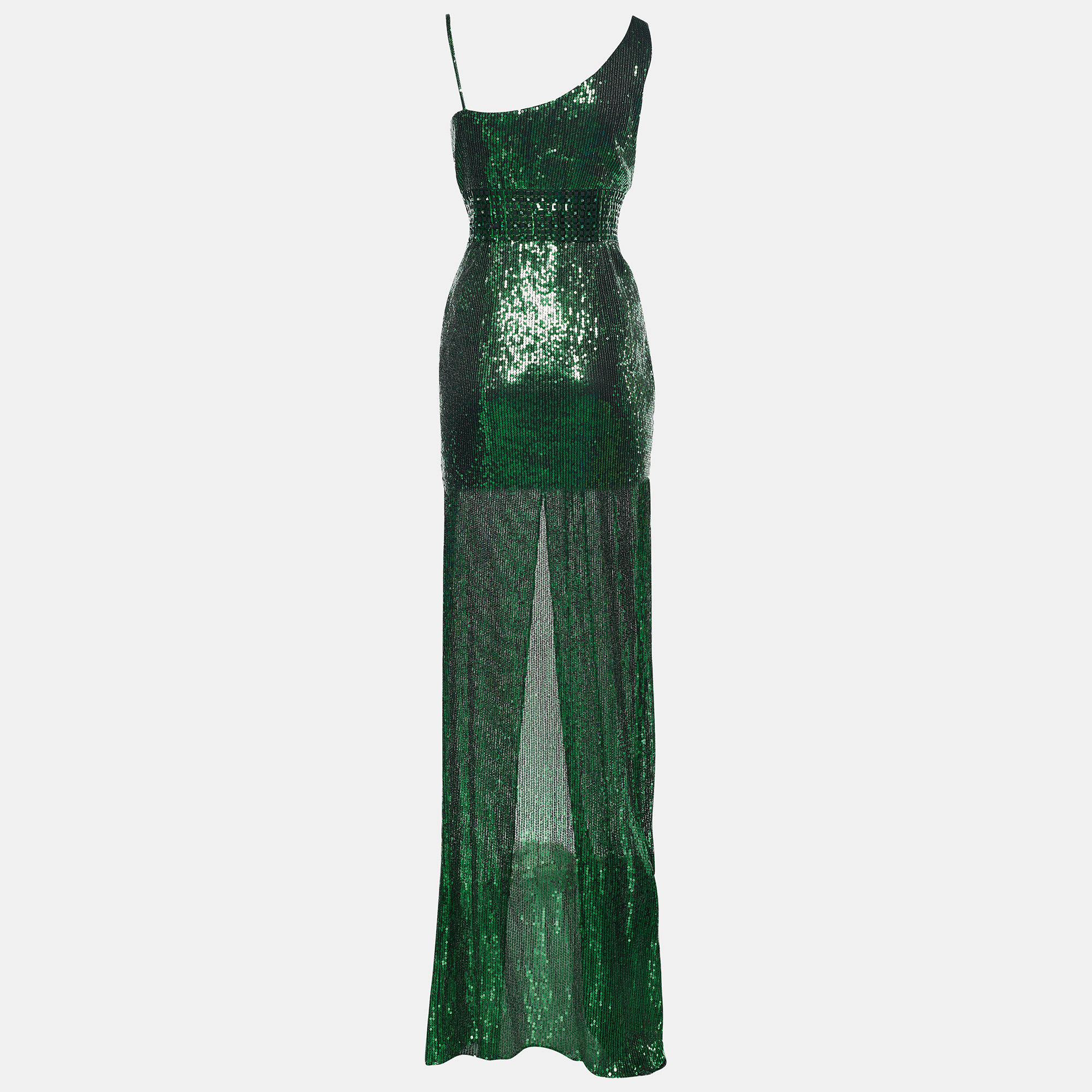 

Versace Collection Green Sequined Asymmetric Sleeve Maxi Dress