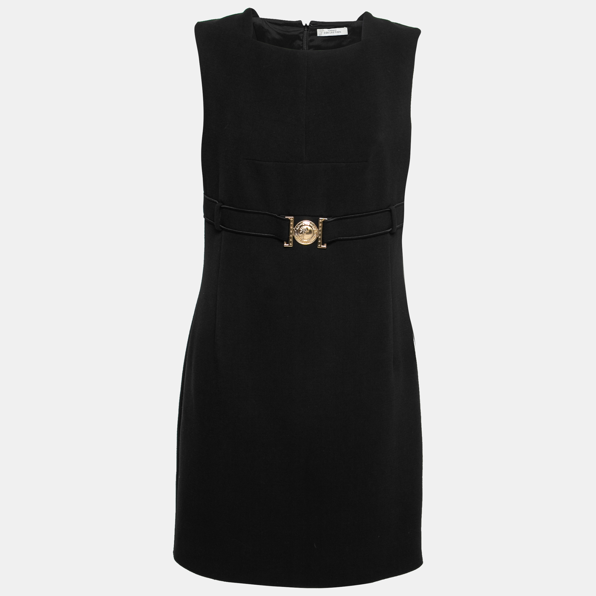 Pre Owned Versace Collection Black Crepe Belt Detail Sleeveless Dress L