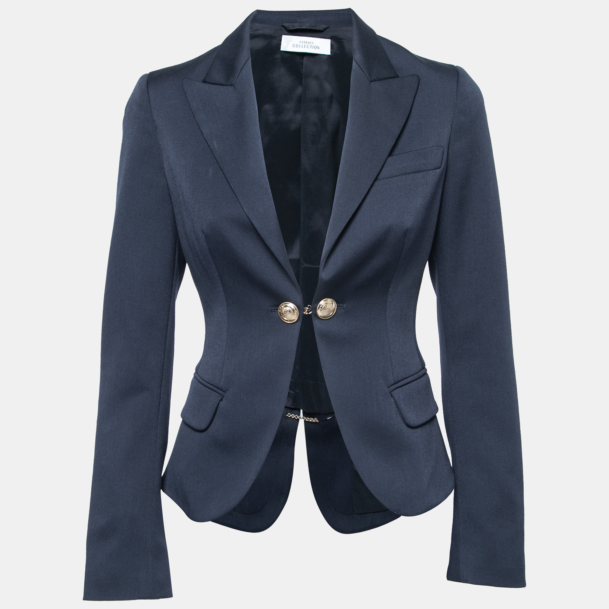 Versace Collection Navy Blue Crepe Medusa Button Detail Blazer S