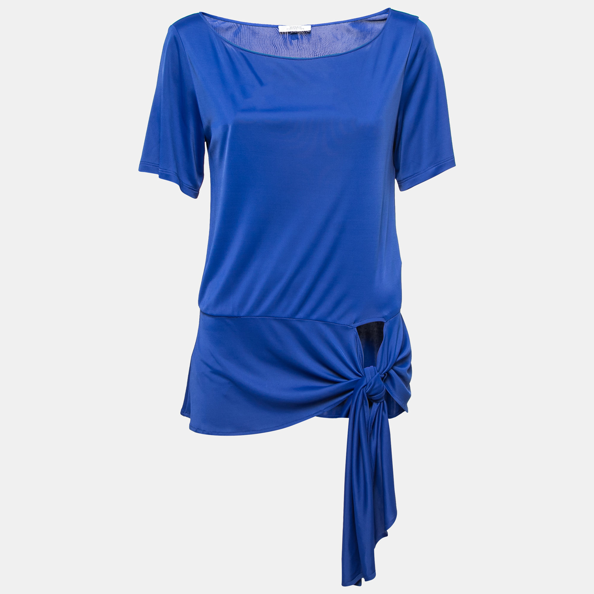 Pre-owned Versace Blue Knit Tie Detail Blouse M