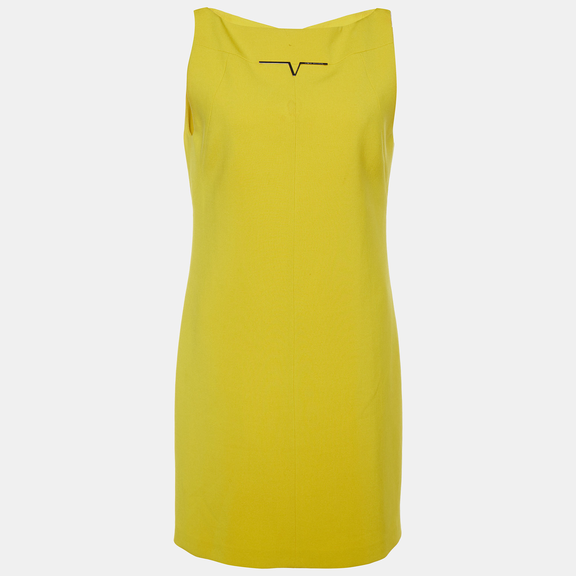 Pre-owned Versace Yellow Stretch Crepe Boat Neck Sleeveless Mini Dress M