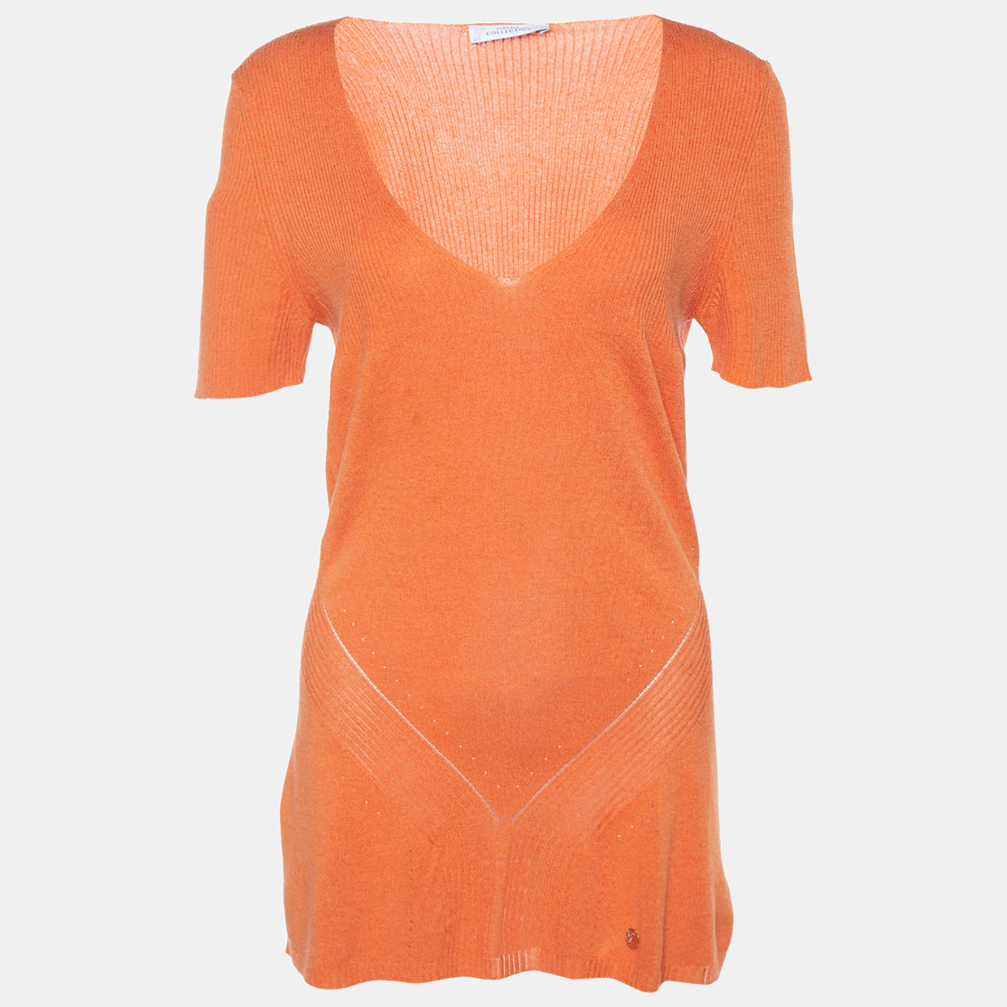 Pre-owned Versace Orange Rib Knit V-neck Sweater L