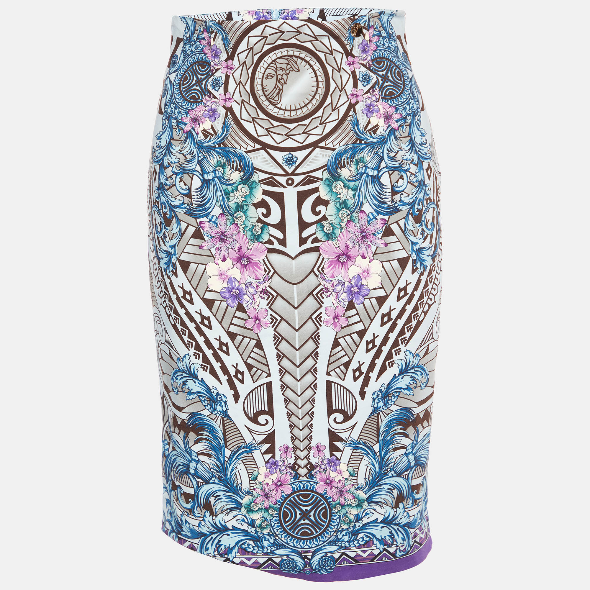 Pre-owned Versace Blue Printed Knit Midi Fitted Skirt S