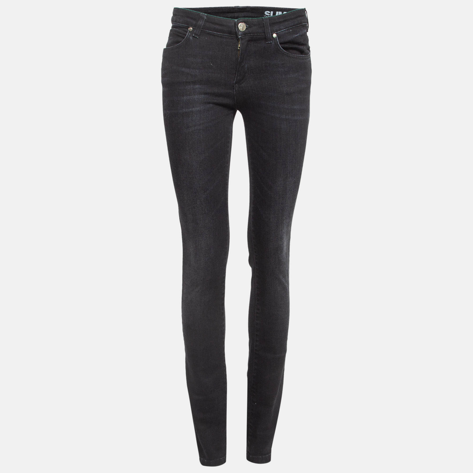 Pre-owned Versace Black V Studded Denim Slim Jeans S Waist 26"