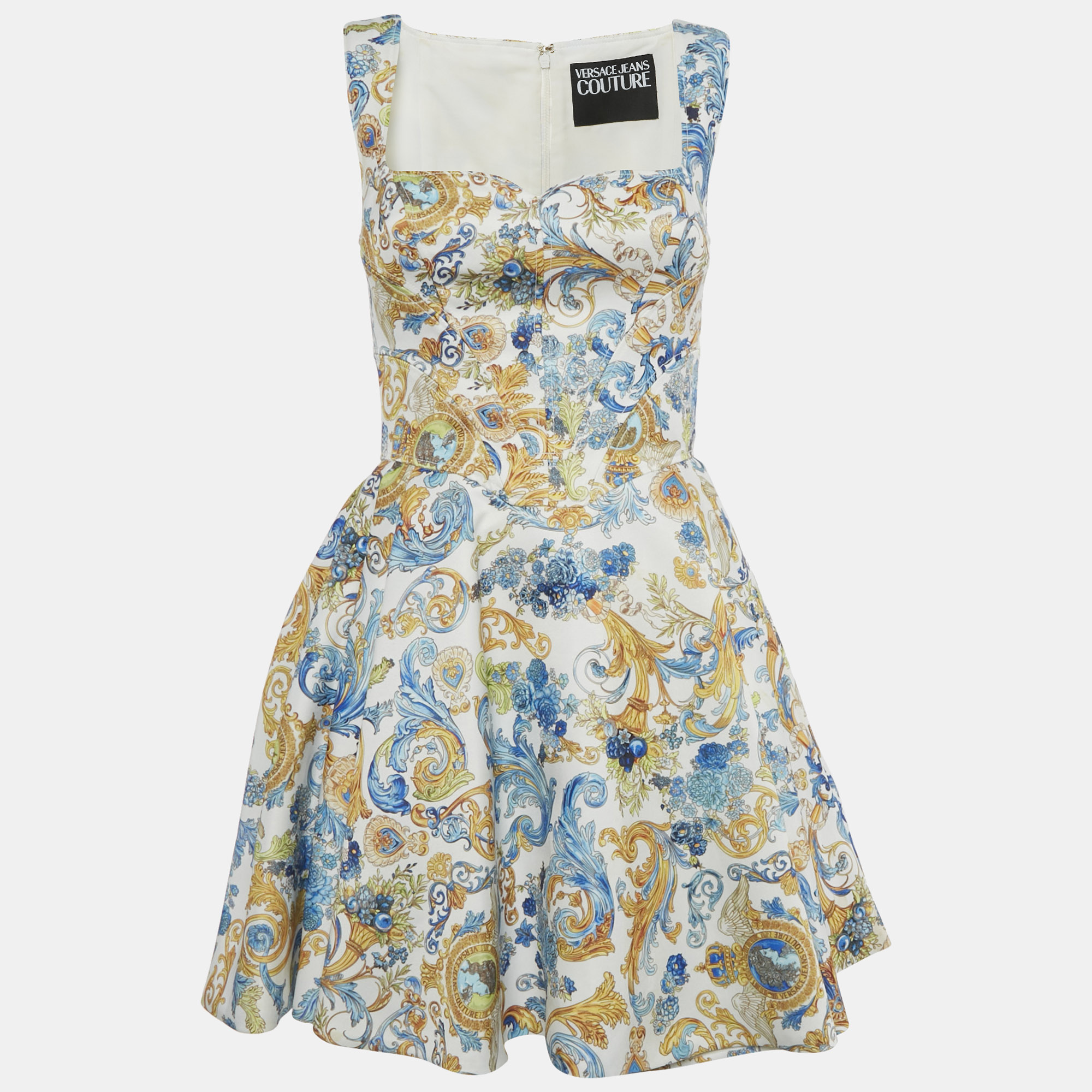 Versace Jeans Couture White Baroque Print Mini Sleeveless Dress S