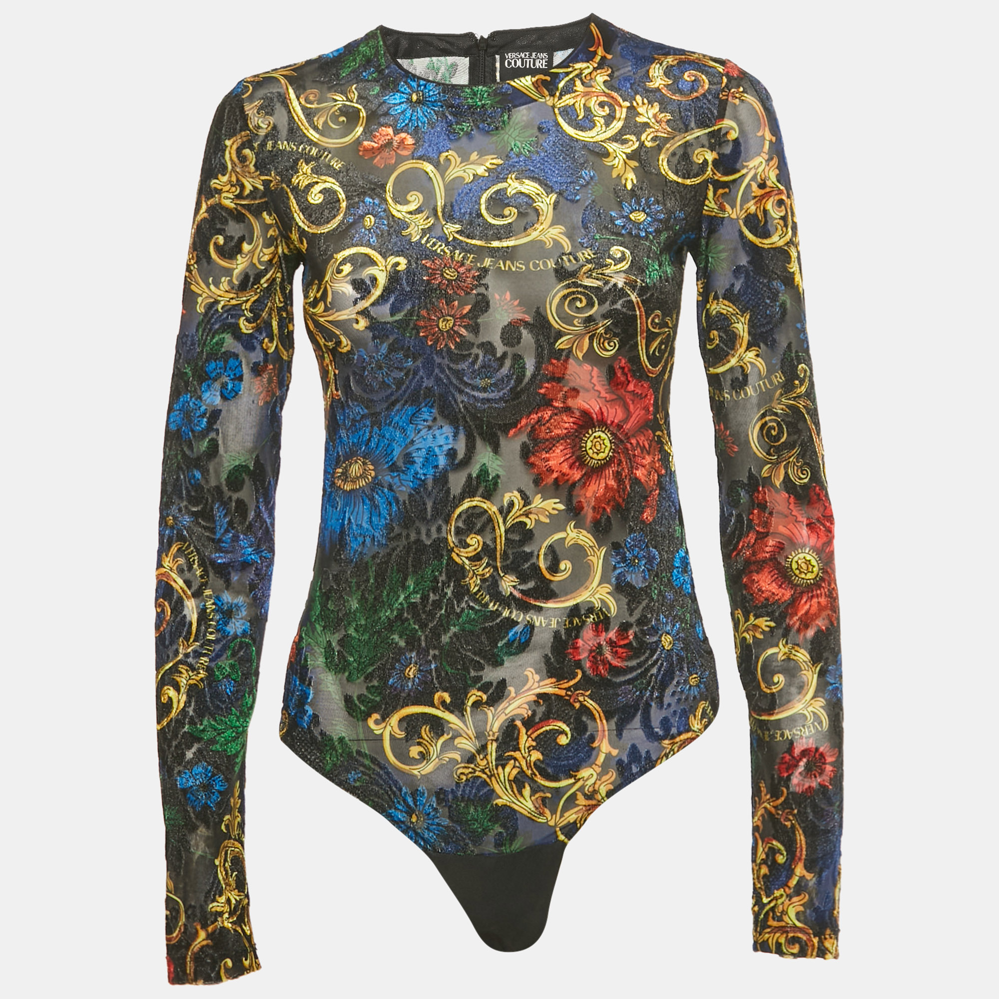 

Versace Jeans Couture Black Baroque Mesh & Velvet Sheer Bodysuit S