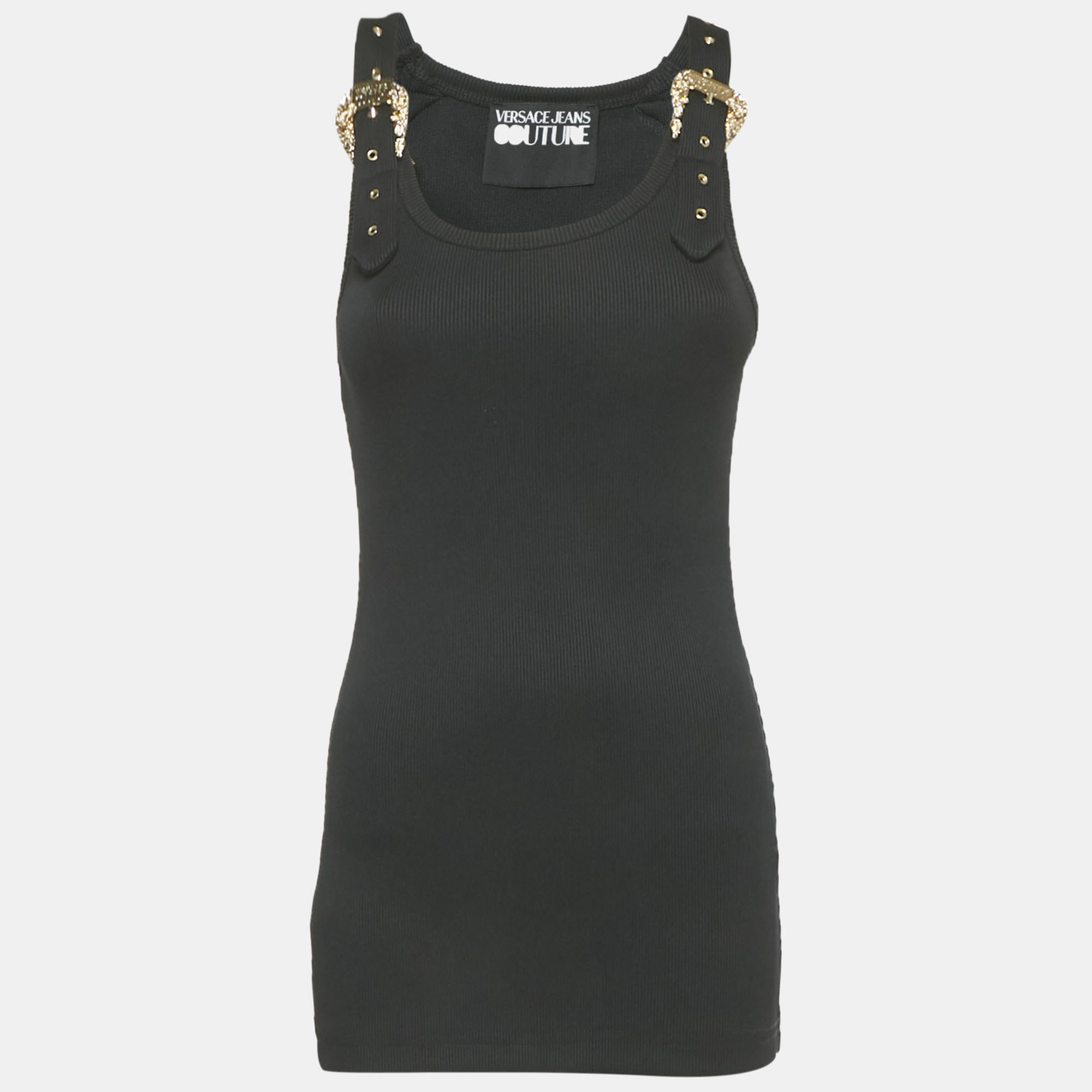 Pre-owned Versace Jeans Couture Black Rib Knit Buckle Detail Tank Top M