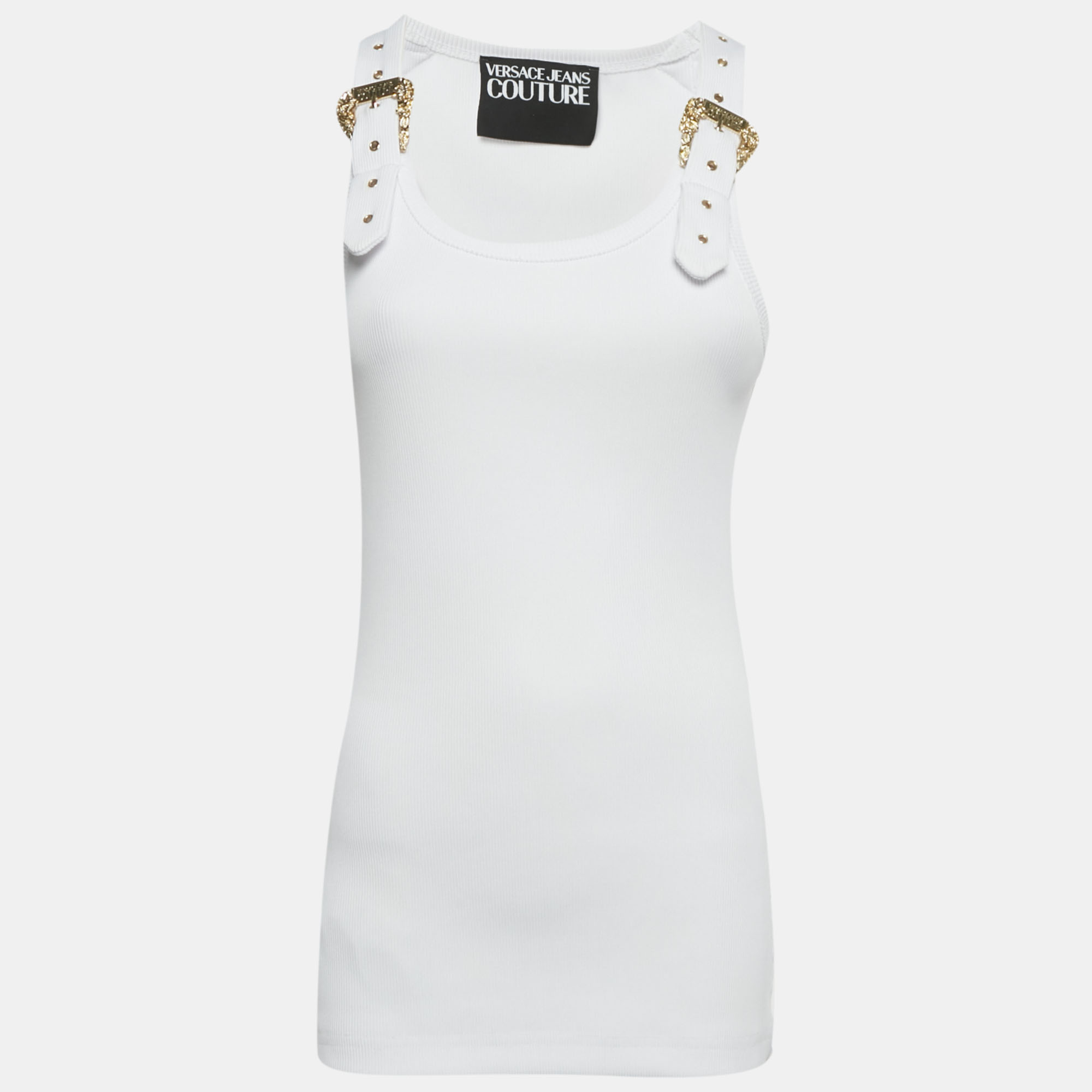 

Versace Jeans Couture White Rib Knit Buckle Detail Tank Top M