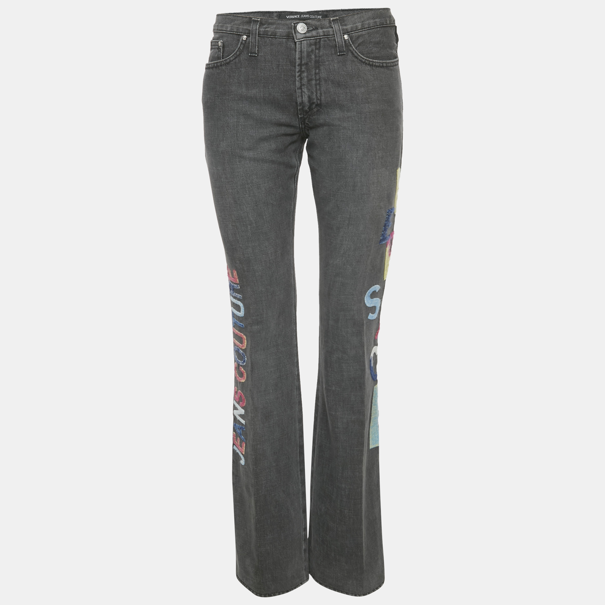 

Versace Jeans Couture Grey Logo Embroidered Cotton Wide Leg Jeans M Waist 30"