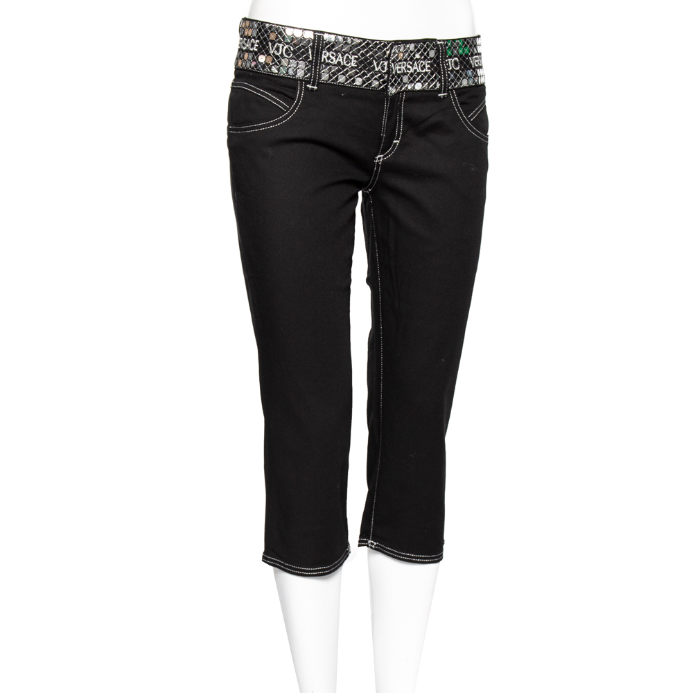 

Versace Jeans Couture Black Denim Logo Embellished Cropped Pants