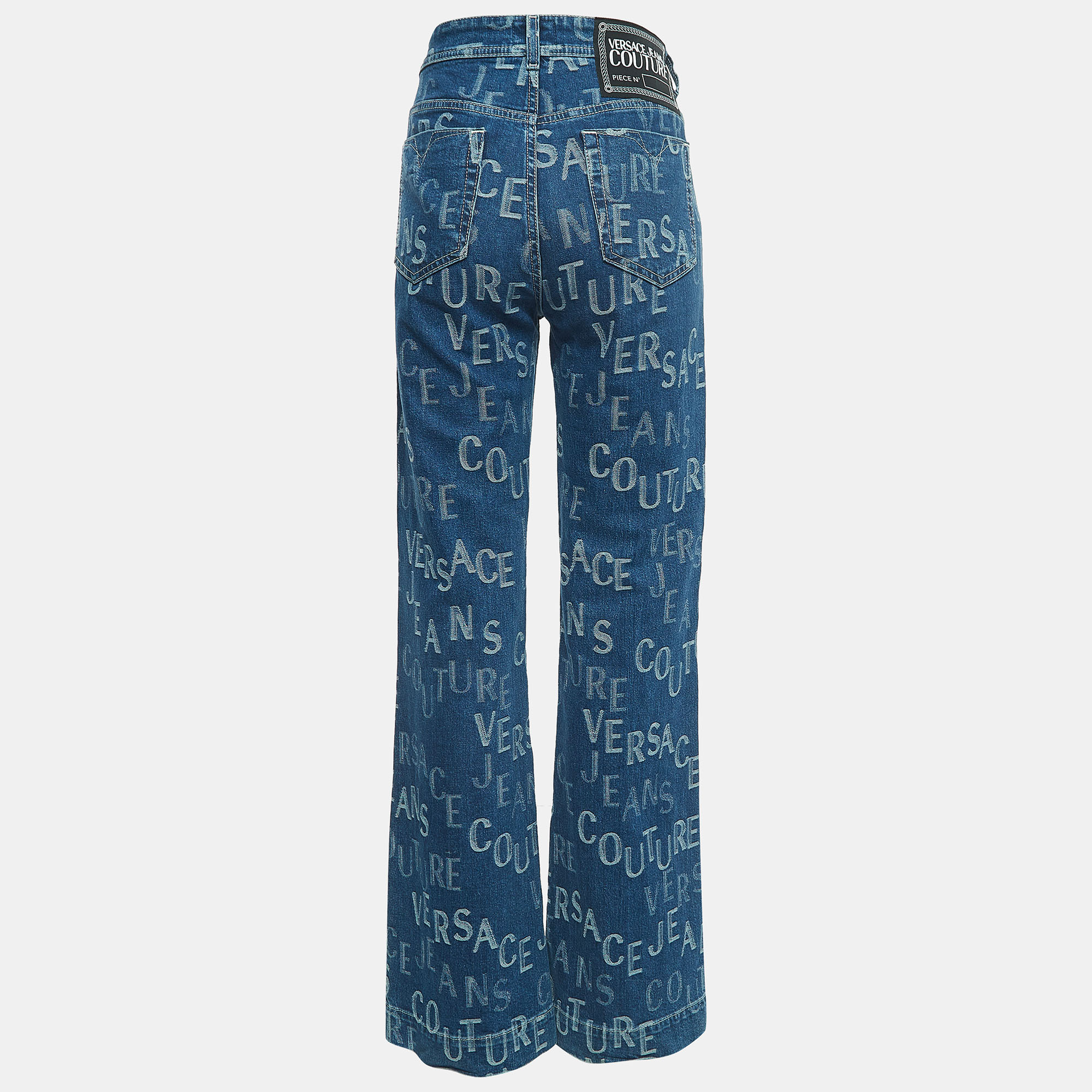 

Versace Jeans Couture Blue Logo Jacquard Denim Wide Leg Jeans