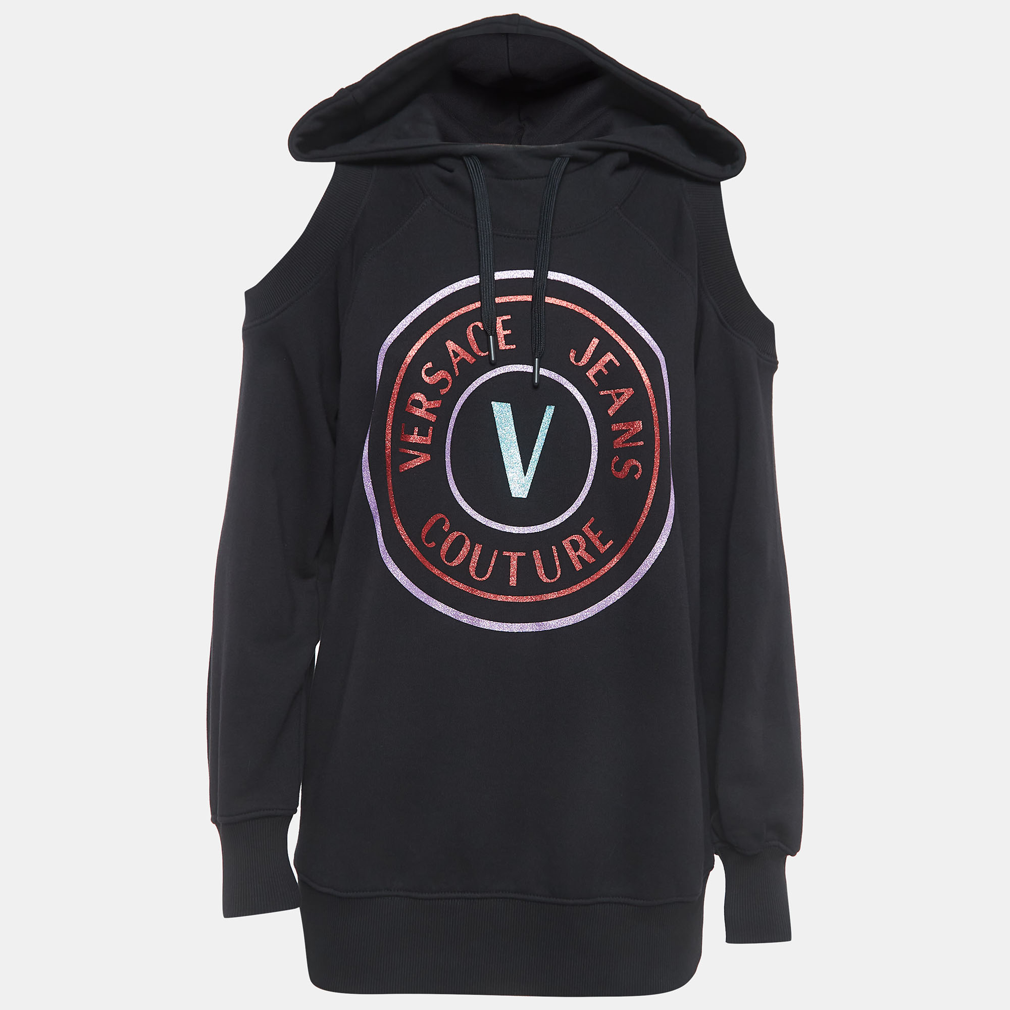 Pre-owned Versace Jeans Couture Black Logo Print Cotton Cold Shoulder Hooded Sweatshirt S