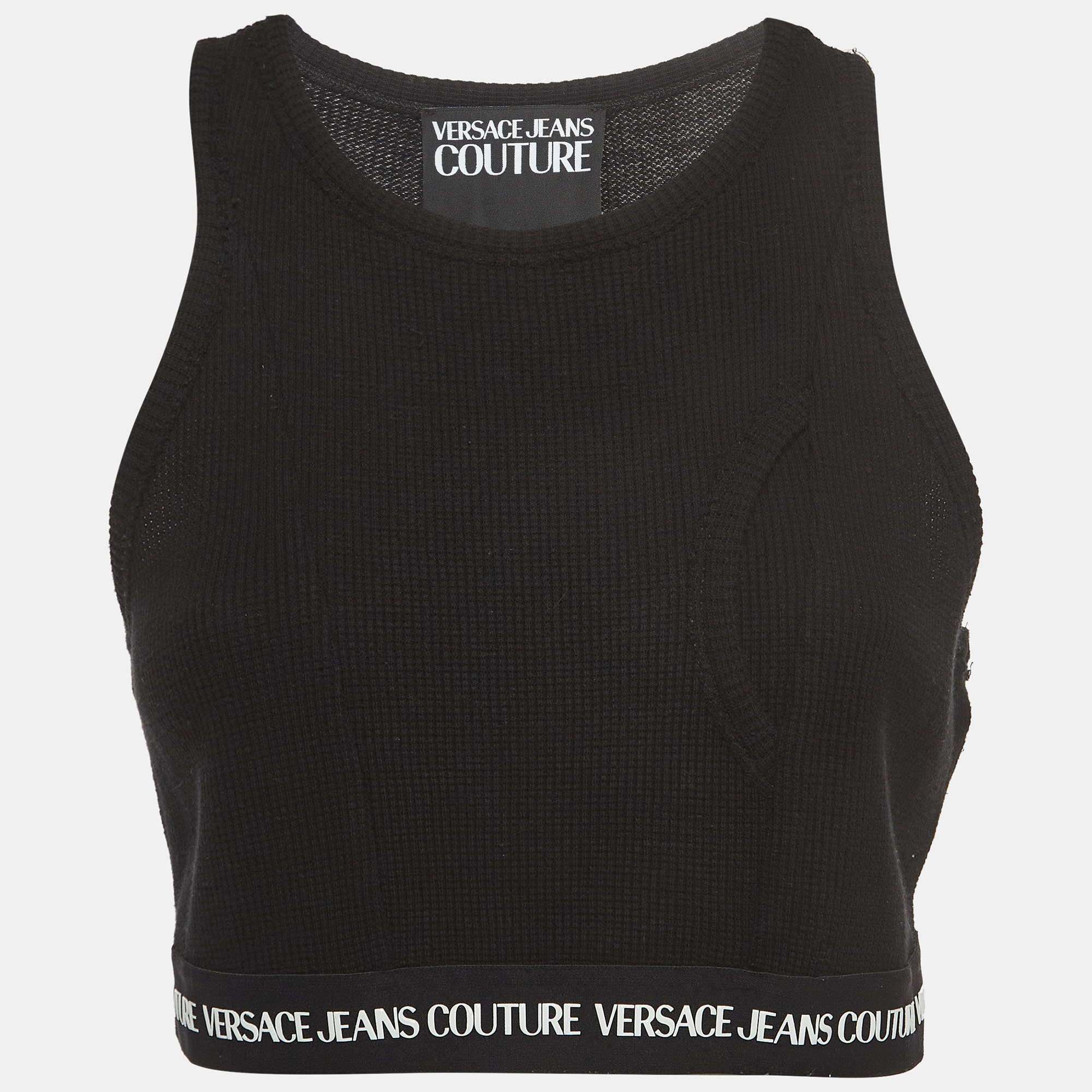 Pre Owned Versace Jeans Couture Black Logo Trim Cotton Crop Top M