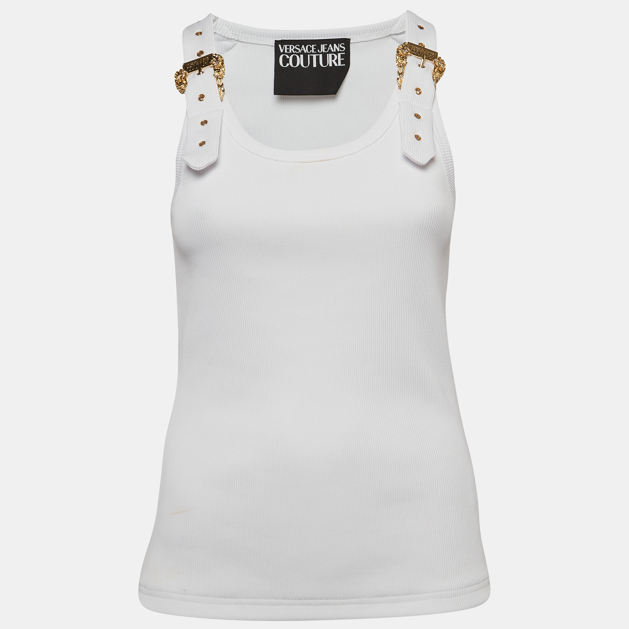 

Versace Jeans Couture White Rib Knit Buckle Detail Tank Top