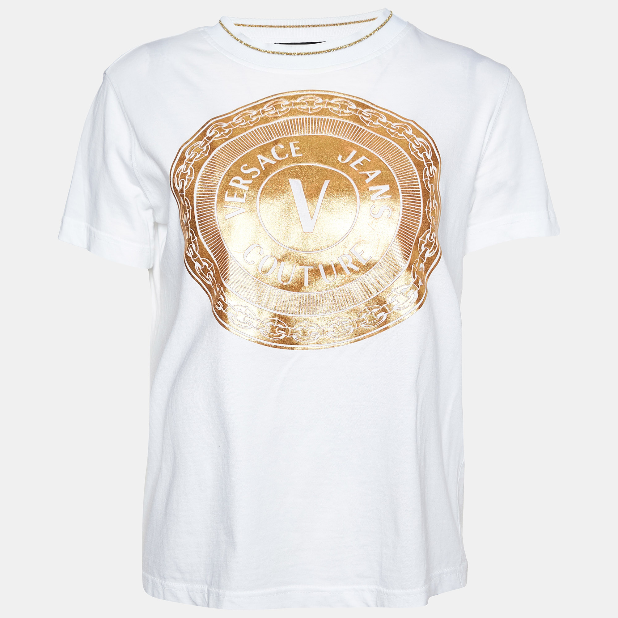 Pre-owned Versace Jeans Couture White Metallic Logo Print Cotton T-shirt S