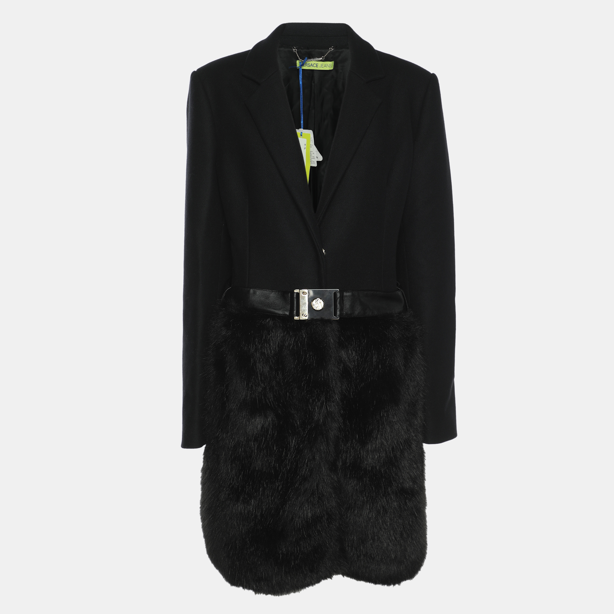 Versace Jeans Black Wool Blend and Faux Fur Belted Blazer L