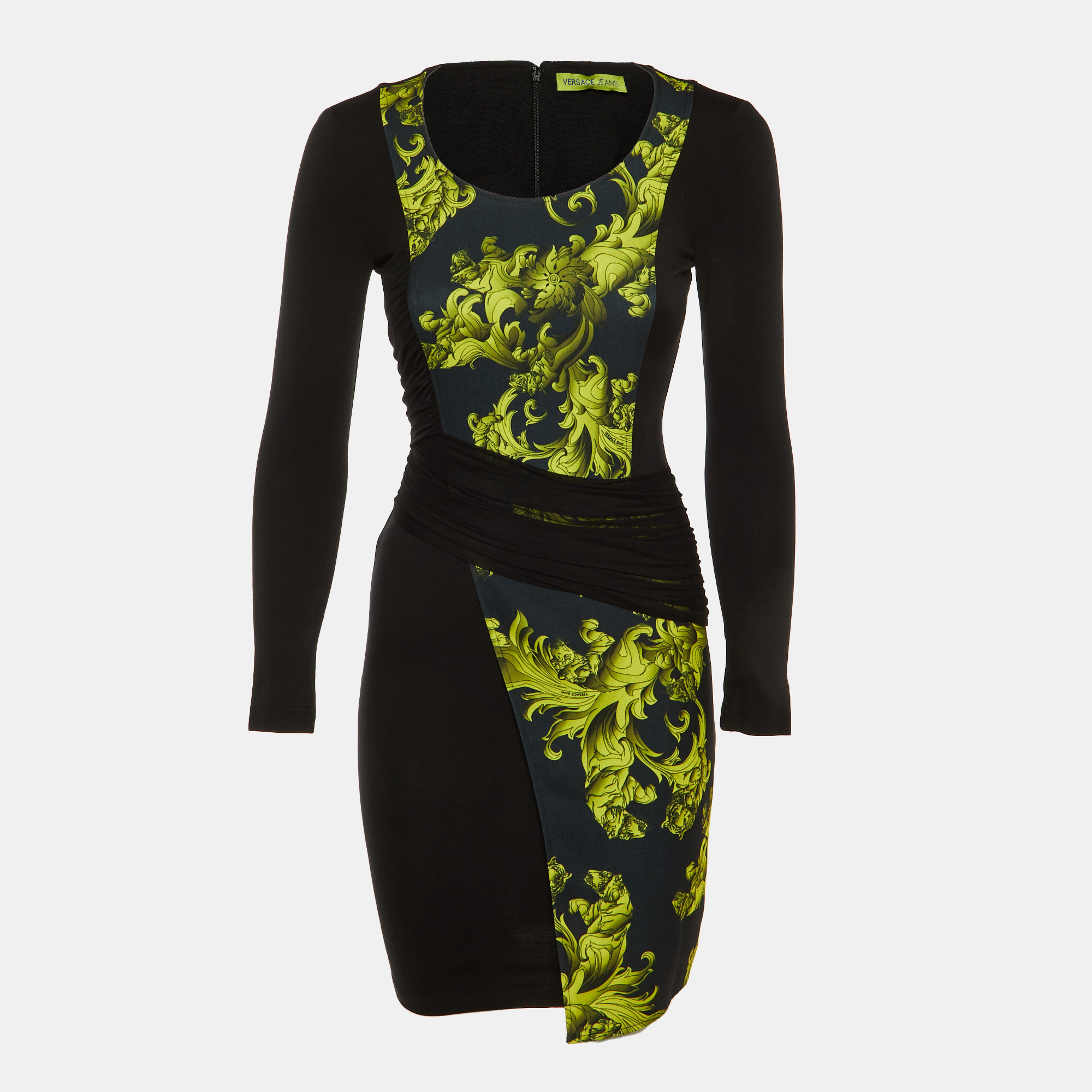 

Versace Jeans Black Baroque Print Cady Ruched Bodycon Dress S