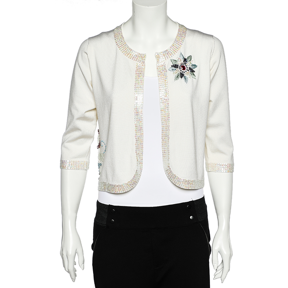 

Versace Jeans Couture White Silk Knit Sequin Embellished Open Front Shrug L