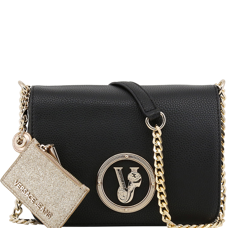 Pre Owned Versace Jeans Black Pebbled Leather Chain Flap Bag