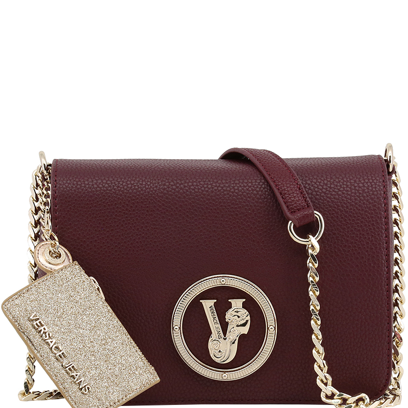 Pre Owned Versace Jeans Maroon Pebbled Leather Chain Flap Bag