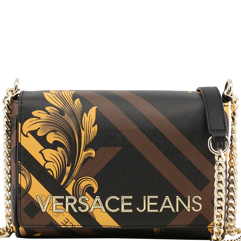 Pre Owned Versace Jeans Multicolor Printed Saffiano Leather Chain Flap Bag