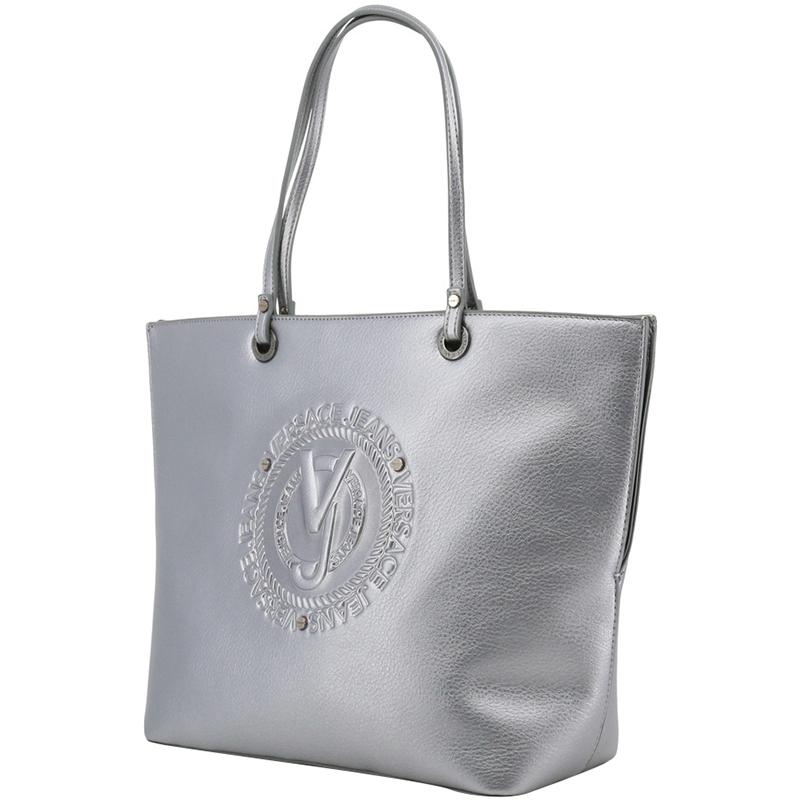 

Versace Jeans Metallic Silver Faux Leather Logo Shopping Tote