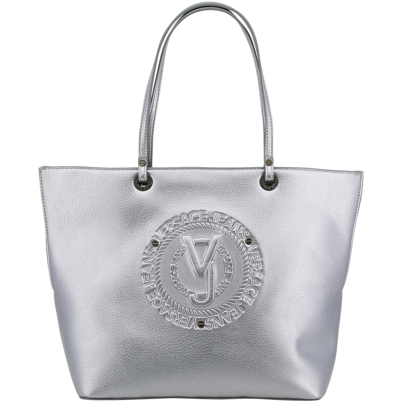 

Versace Jeans Metallic Silver Faux Leather Logo Shopping Tote