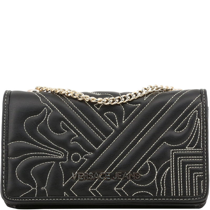 Pre Owned Versace Jeans Black Faux Embossed Leather Chain Clutch Bag