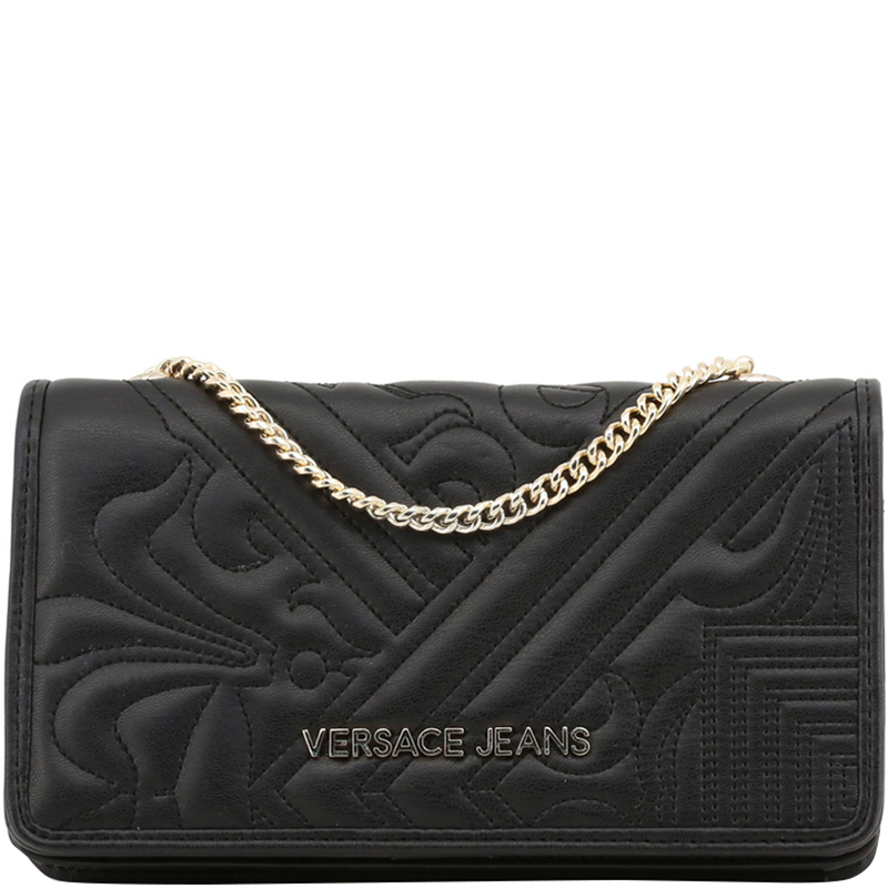 Pre Owned Versace Jeans Black Embossed Leather Chain Clutch Bag
