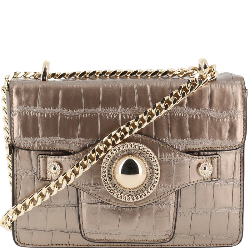 Pre Owned Versace Jeans Metallic Brown Croc Embosed Faux Leather Chain Crossbody Bag