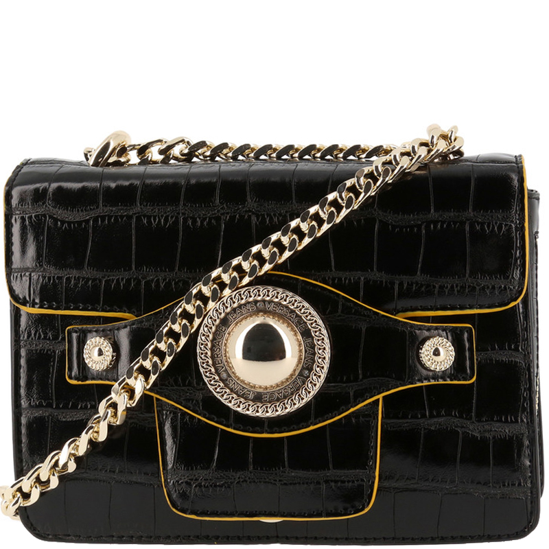 Pre Owned Versace Jeans Black Croc Embosed Faux Leather Chain Crossbody Bag