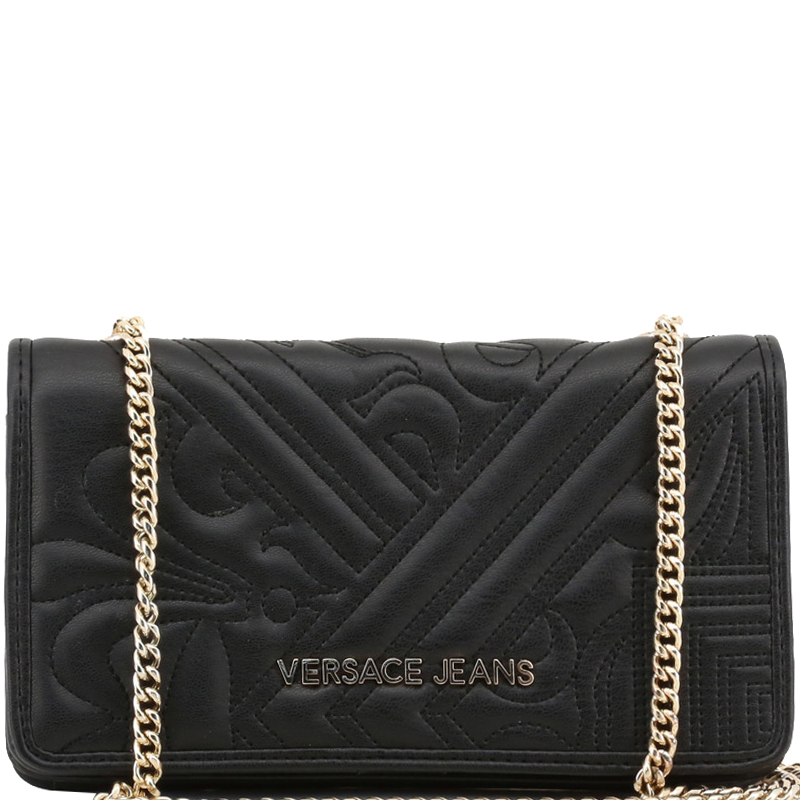 Versace Jeans Black Embossed Leather Chain Clutch Bag