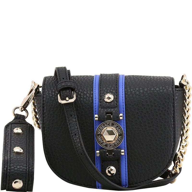 Versace Jeans Black Pebbled Faux Leather Chain Crossbody Bag