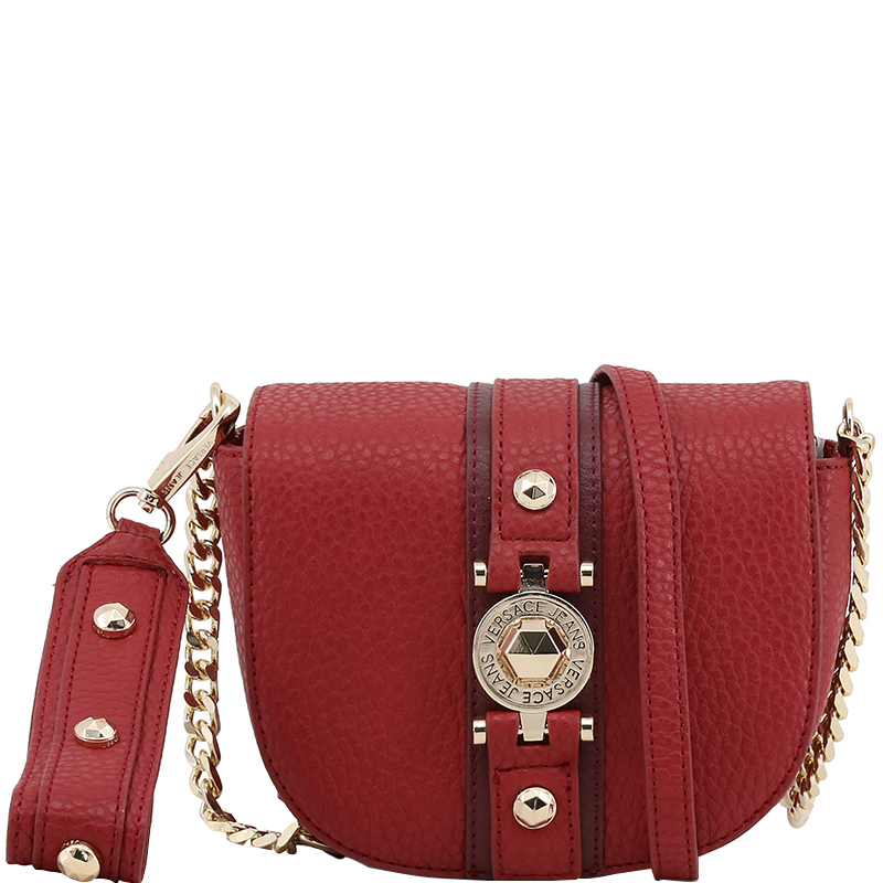 Pre Owned Versace Jeans Red Pebbled Faux Leather Chain Crossbody Bag