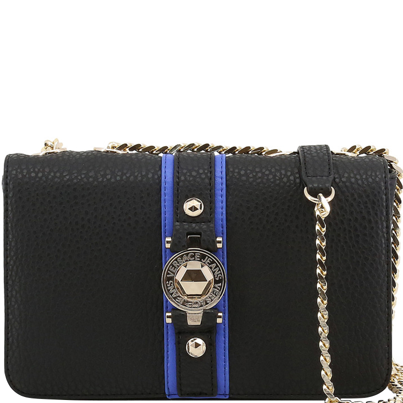 Pre Owned Versace Jeans Black Pebbled Faux Leather Chain Flap Bag