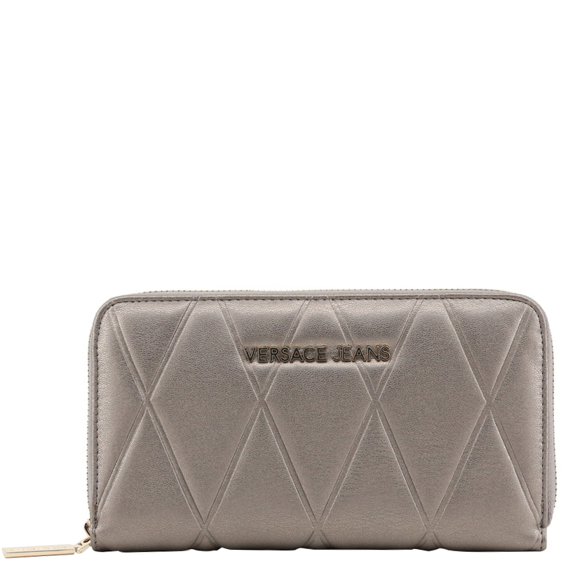 Versace Jeans Metallic Grey Faux Quilted Leather Zip Around Wallet