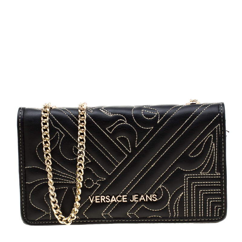 Pre Owned Versace Jeans Black Quilted Faux Leather Chain Clutch Bag