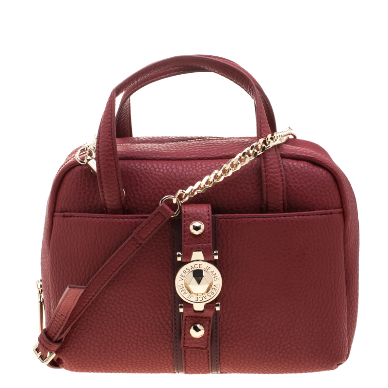 Versace Jeans Red Pebbled Faux Leather Satchel