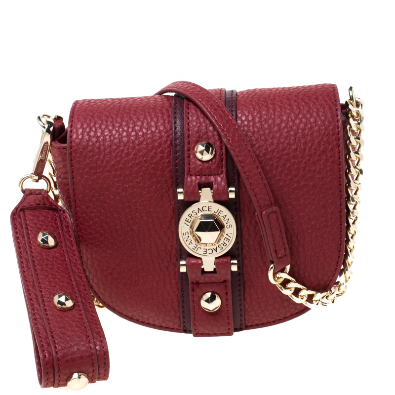 Versace Jeans Red Pebbled Faux Leather Chain Crossbody Bag