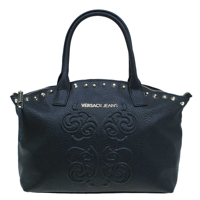 Pre Owned Versace Jeans Black Pebbled Leather Crystal Studs Shopping Tote