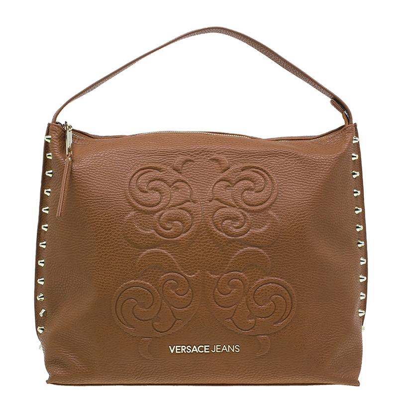 Versace Jeans Brown Pebbled Leather Crystal Studs Hobo