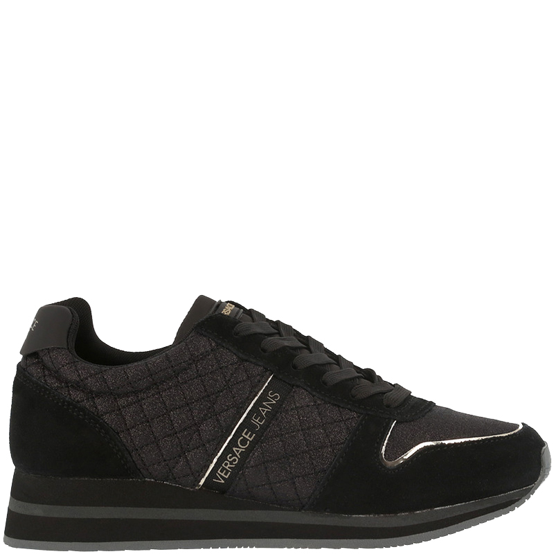 Versace Jeans Black Quilted Fabric and Suede Lace Up Sneakers Size 38